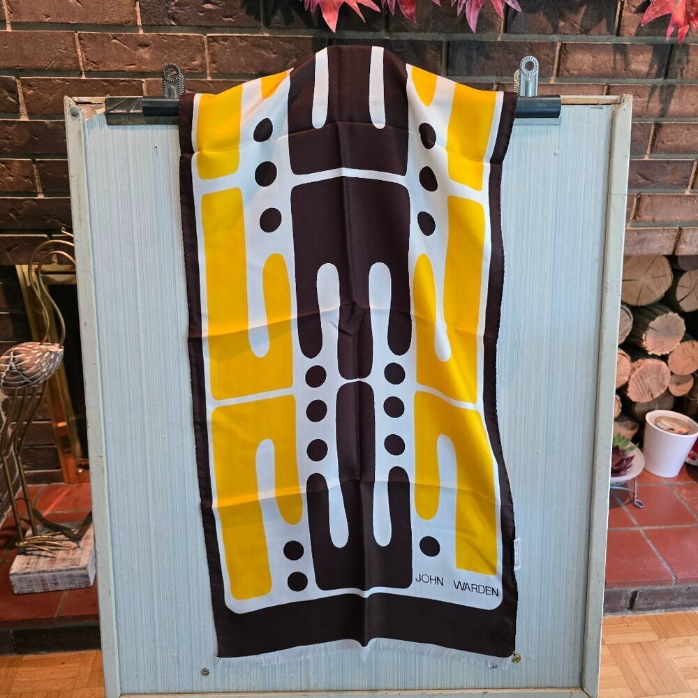 Vintage John Warden Silk Scarf in Brown & Yellow on White